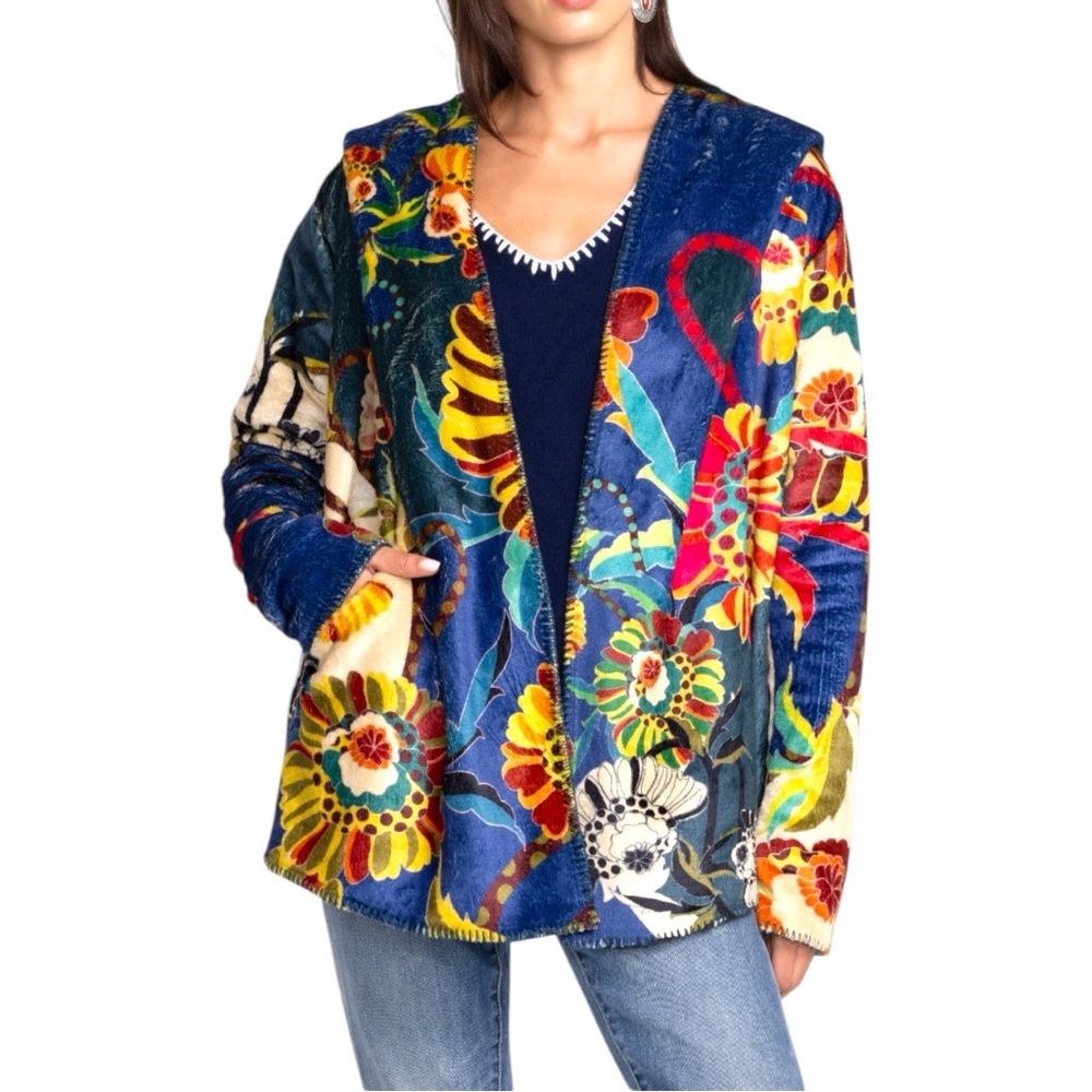 Johnny Was Multicolor Floral Velvet Open Front Jacket - Blue, Yellow, Red, Green
